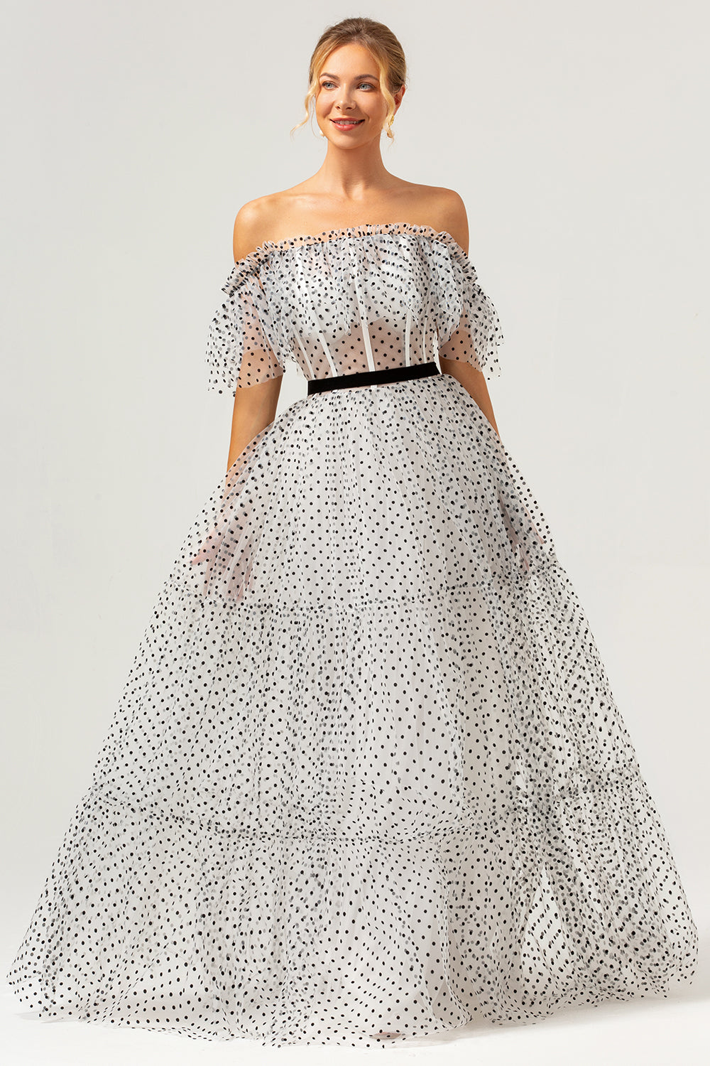 White Black A-Line Off The Shoulder Long Prom Dress with Dot