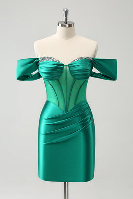 Green Off The Shoulder Corset Tight Short Homecoming Dress