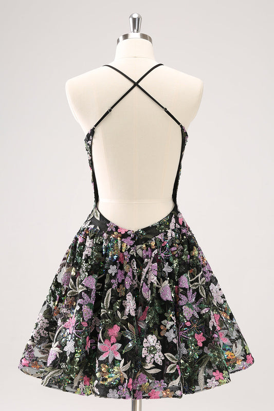 Sparkly Black A Line Floral Short Homecoming Dress with Sequins