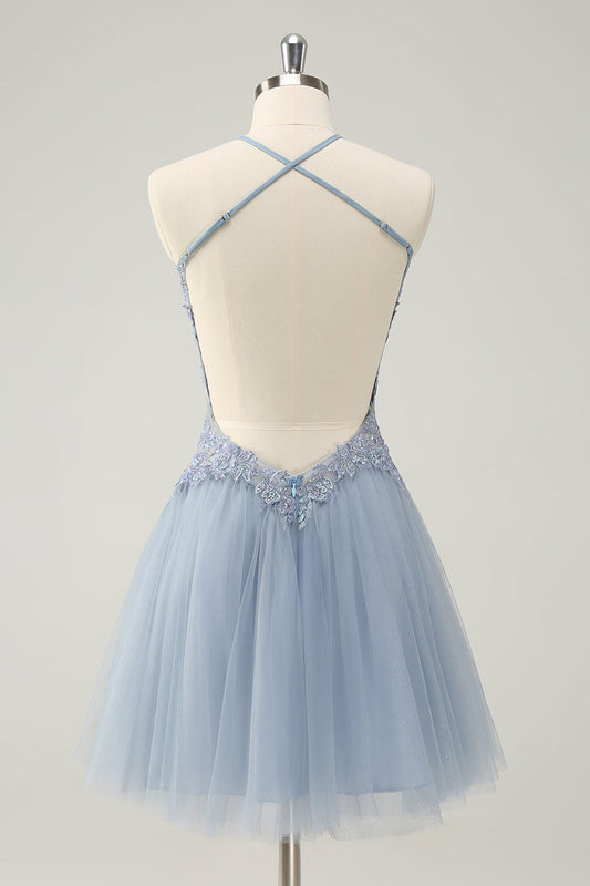 Sparkly Dusty Blue A Line Halter Homecoming Dress with Appliques