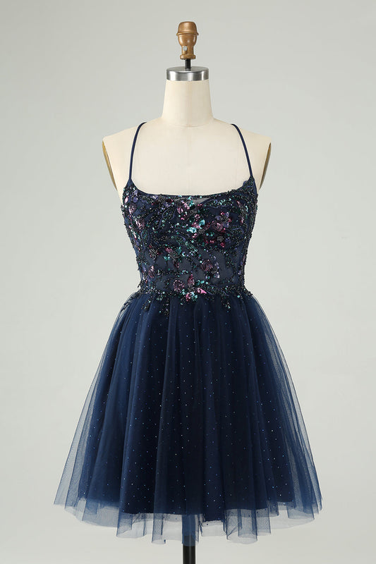 Glitter Navy A-Line Sequined Tulle Homecoming Dress