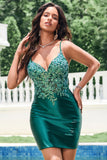 Glitter Dark Green Spaghetti Straps Tight Short Homecoming Dress with Sequins