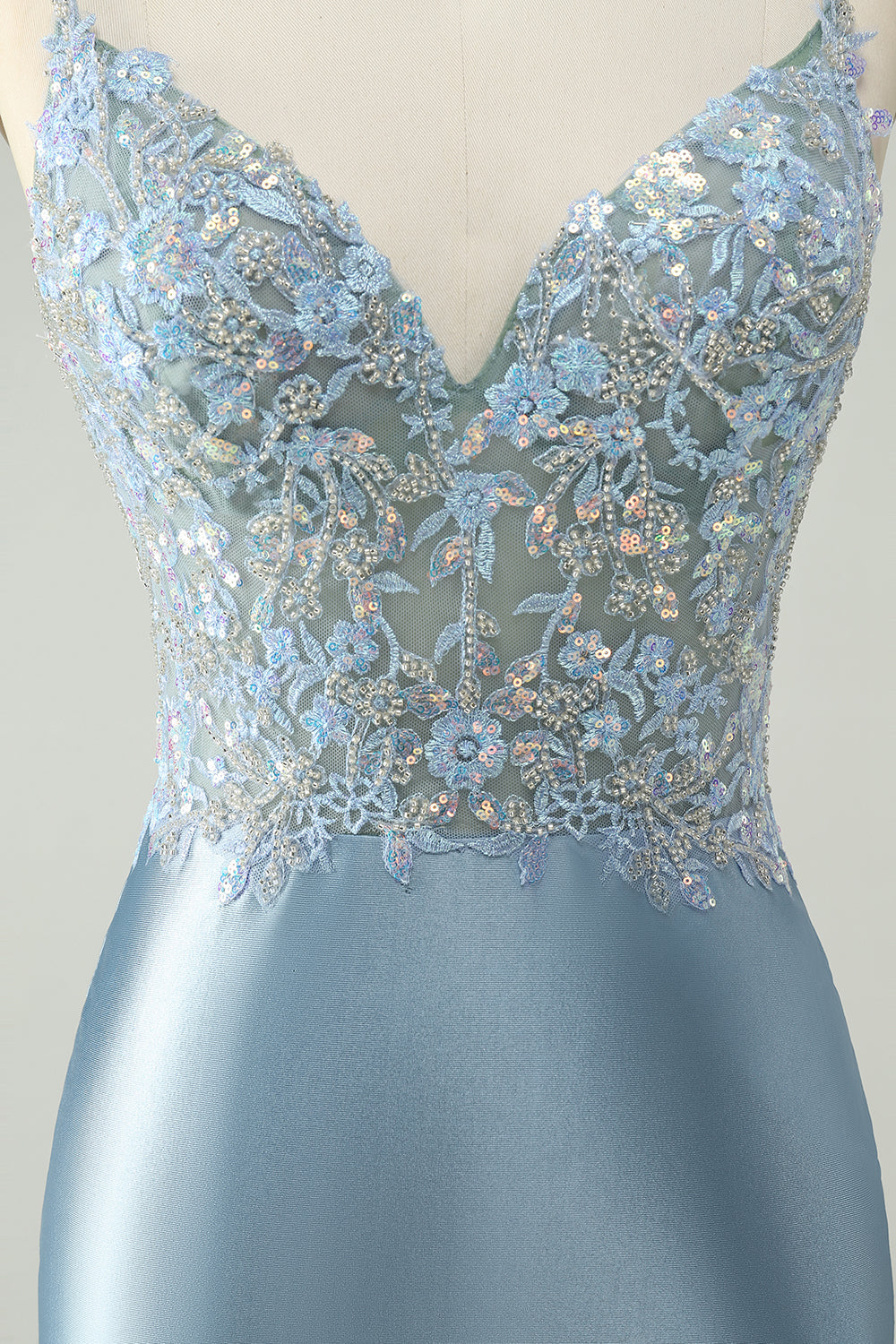 Glitter Dusty Blue Beaded Floral Tight Satin Homecoming Dress