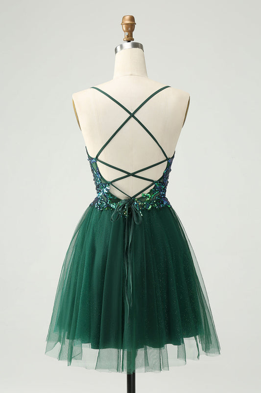 Glitter Dark Green A-Line Sequined Appliques V Neck Homecoming Dress