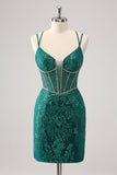 Sparkly Dark Green Corset Tight Short Homecoming Dress with Lace