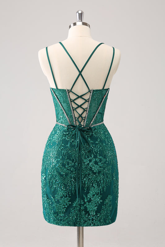 Sparkly Dark Green Corset Tight Short Homecoming Dress with Lace