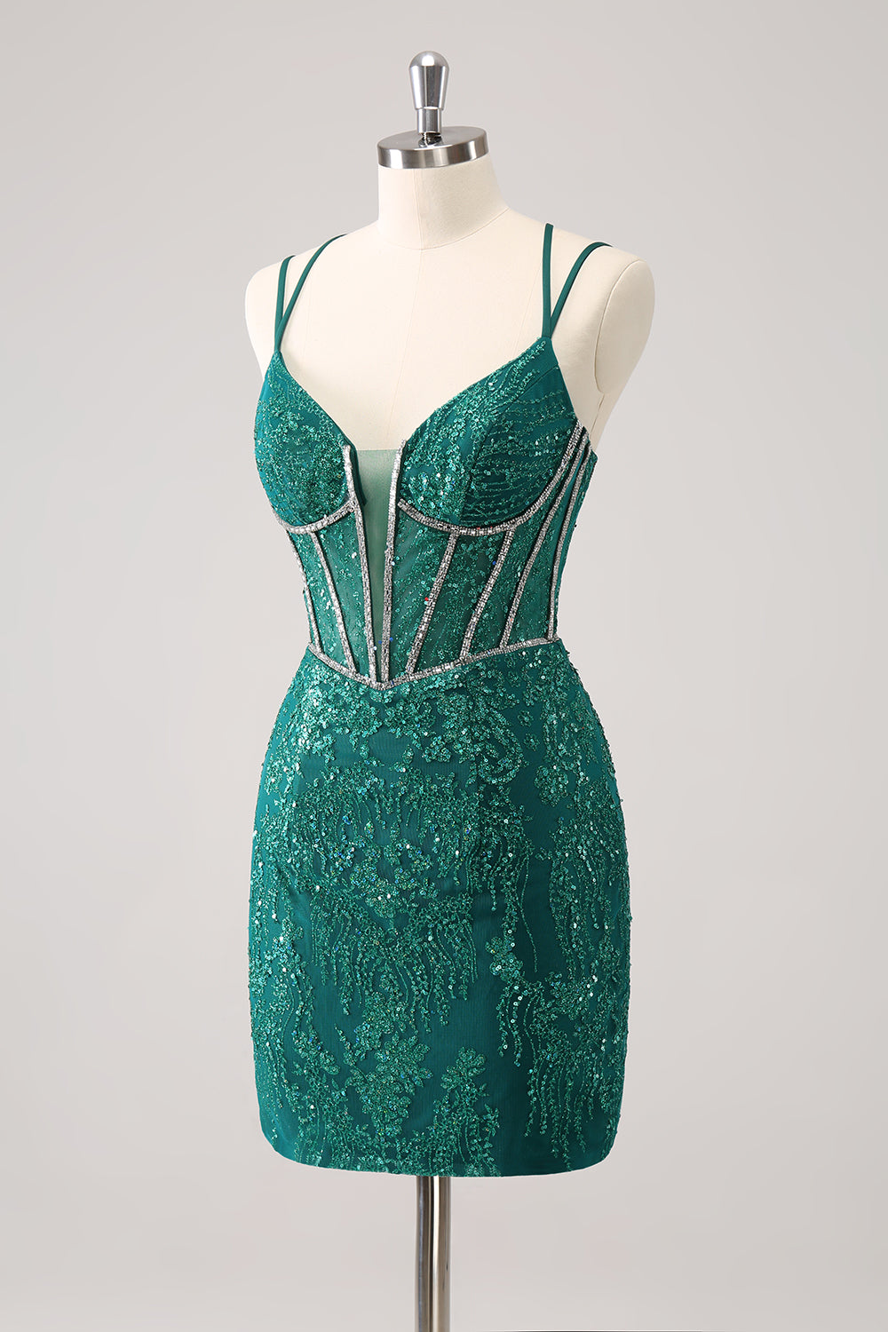 Sparkly Dark Green Corset Tight Short Homecoming Dress with Lace