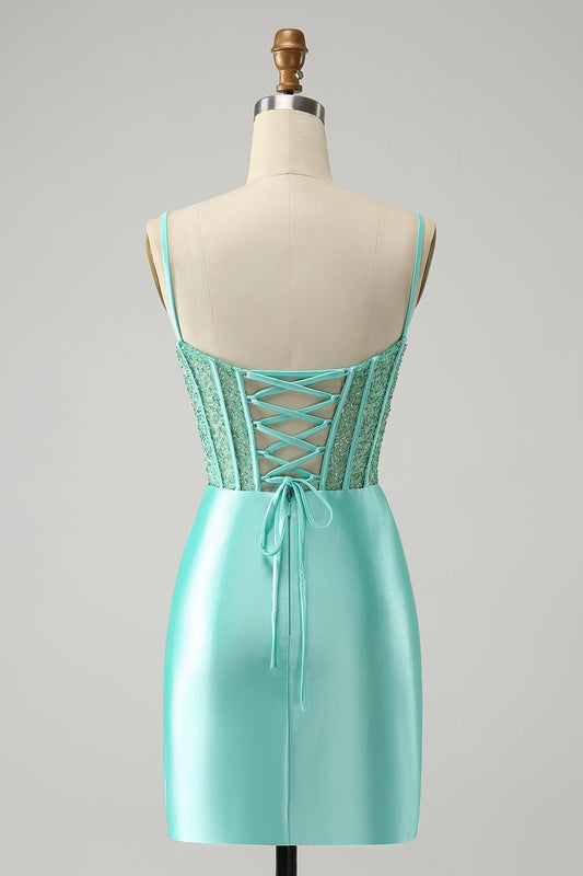 Light Green Spaghetti Straps Bodycon Corset Satin Homecoming Dress with Slit