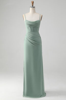 Spaghetti Straps Grey Green Mermaid Corset Bridesmaid Dress with Slit