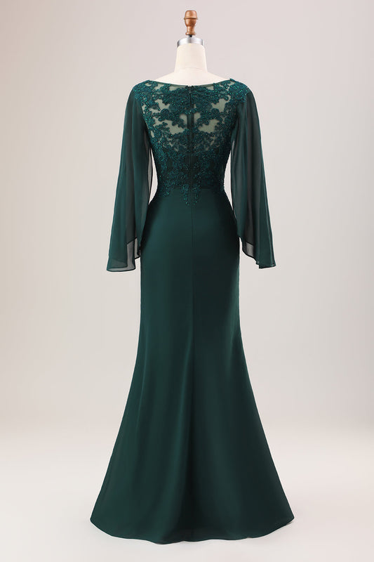 Glitter Dark Green Mermaid Chiffon Long Sleeves Mother of Bride Dress