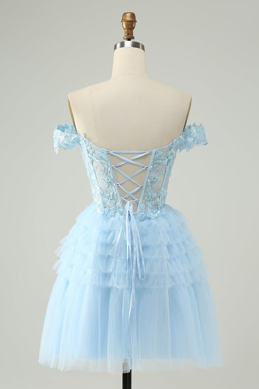 Light Blue A Line Off The Shoulder Corset Short Homecoming Dress