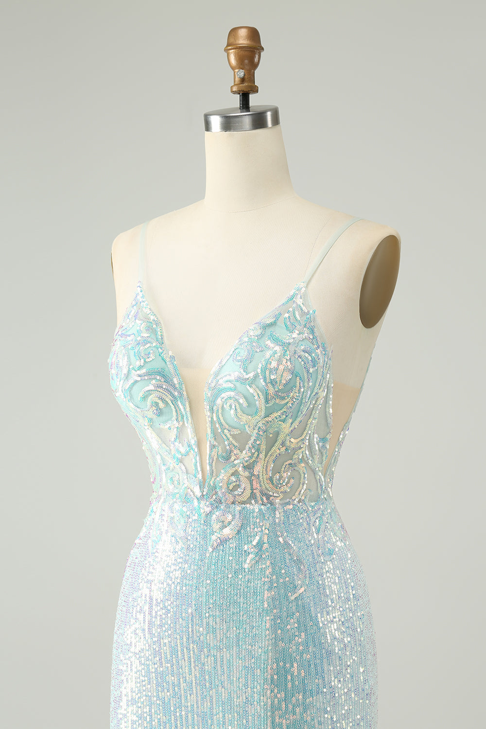 Sparkly Light Blue Spaghetti Straps Tight Short Homecoming Dress with Slit