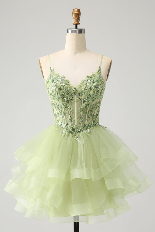 Sparkly Light Green Corset A Line Short Homecoming Dress with Lace