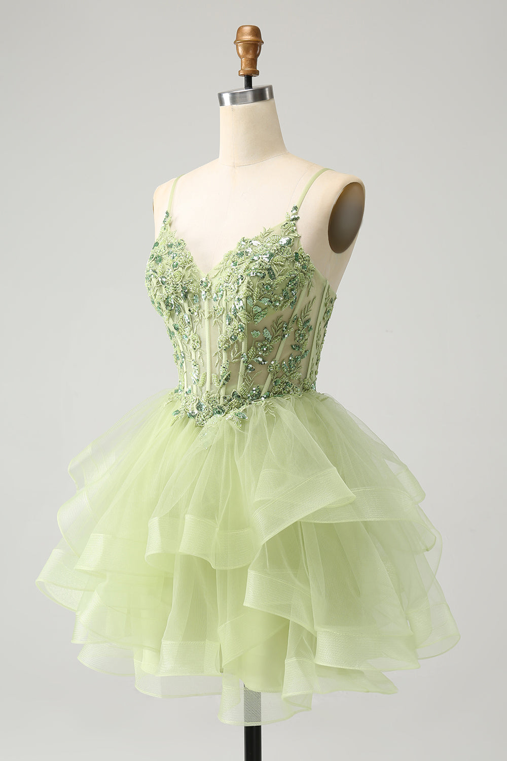 Sparkly Light Green Corset A Line Short Homecoming Dress with Lace