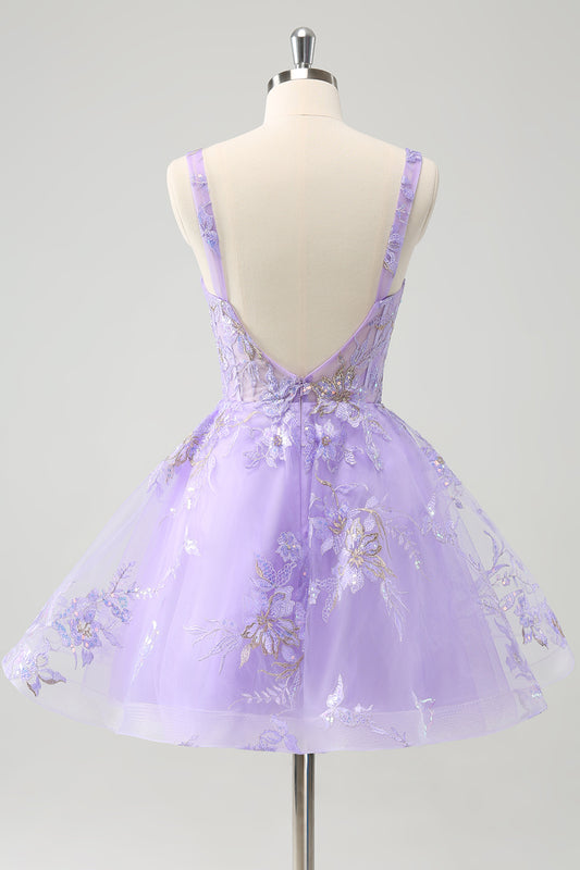 Sparkly Lilac Corset A Line Floral Short Homecoming Dress