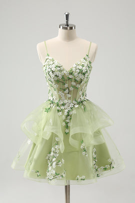 Light Green Corset A Line Short Homecoming Dress with 3D Flowers