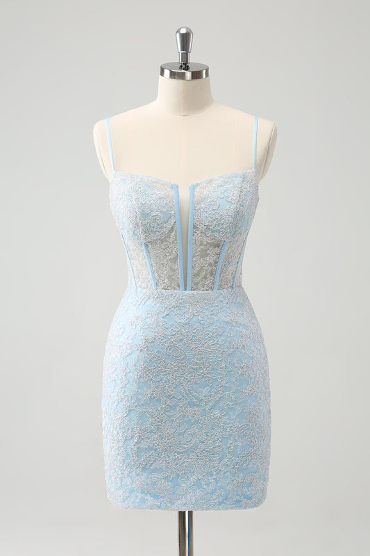 Light Blue Corset Tight Short Lace Homecoming Dress