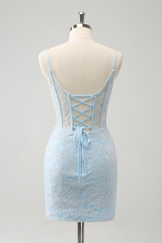 Light Blue Corset Tight Short Lace Homecoming Dress