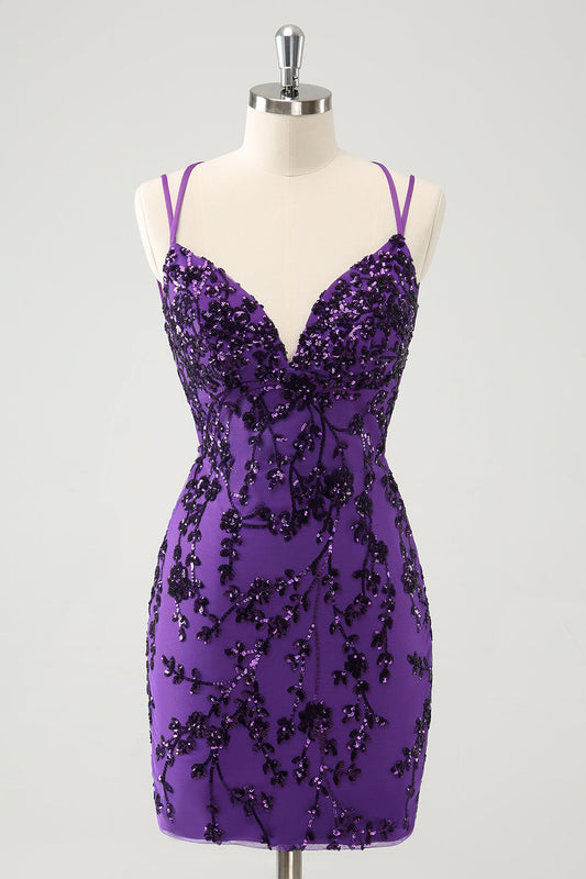 Sparkly Purple Spaghetti Straps Tight Short Homecoming Dress with Appliques