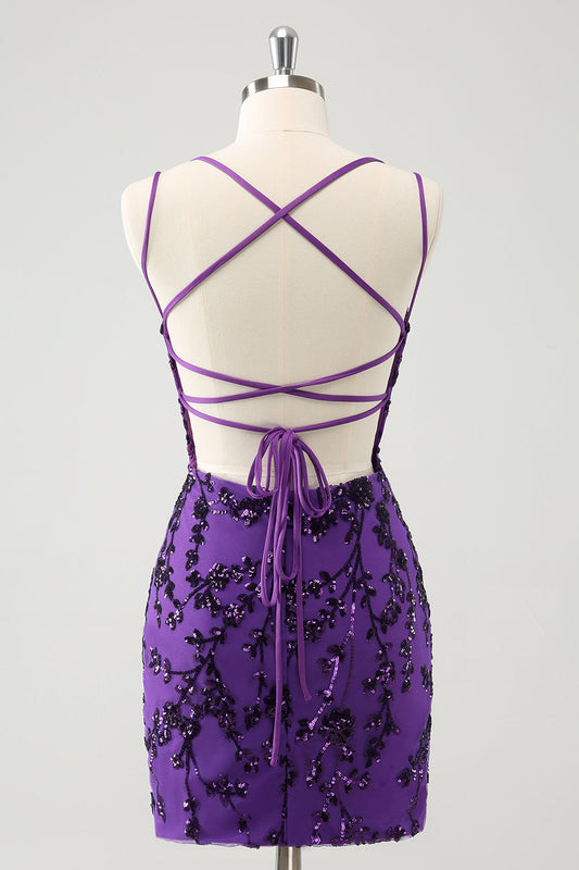 Sparkly Purple Spaghetti Straps Tight Short Homecoming Dress with Appliques