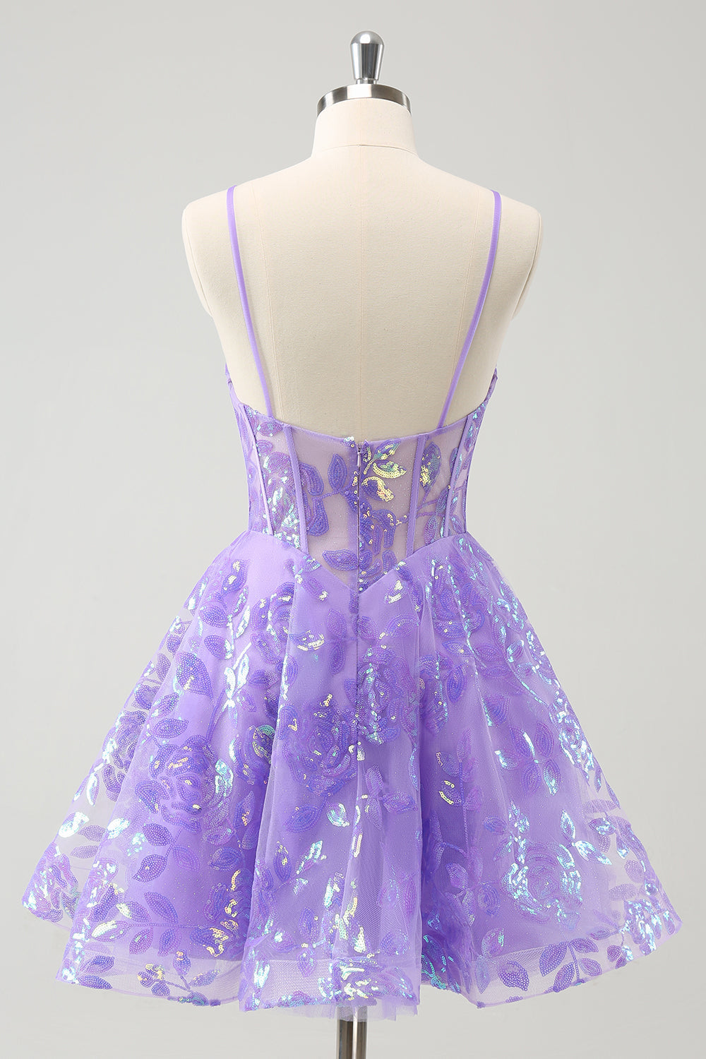 Sparkly Lilac A-Line Spaghetti Straps Sequins Corset Homecoming Dress