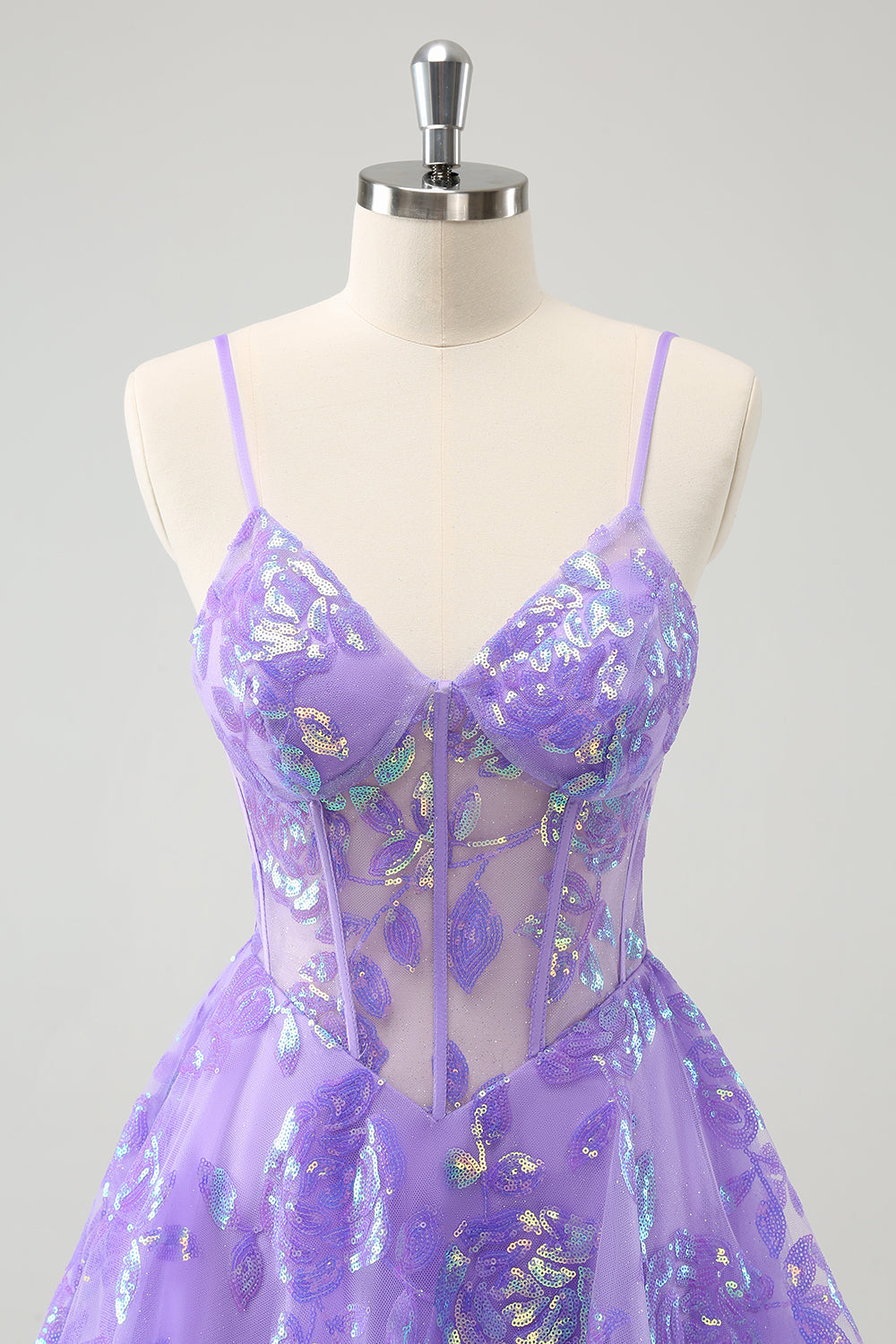 Sparkly Lilac A-Line Spaghetti Straps Sequins Corset Homecoming Dress