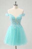 Sparkly Light Blue A Line Off The Shoulder Short Homecoming Dress