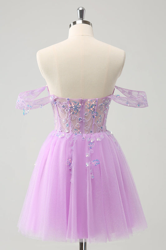 A Line Lilac Off the Shoulder Sequined Homecoming Dress