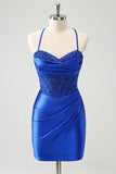 Sparkly Royal Blue Corset Tight Short Homecoming Dress with Lace Up Back