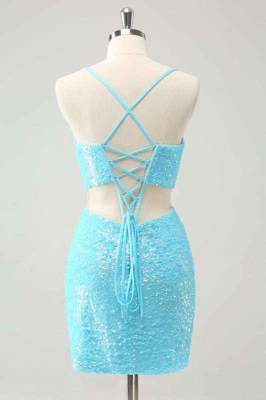 Sparkly Light Blue Spaghetti Straps Sequin Tight Homecoming Dress with Hollow Out