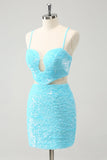 Sparkly Light Blue Spaghetti Straps Sequin Tight Homecoming Dress with Hollow Out