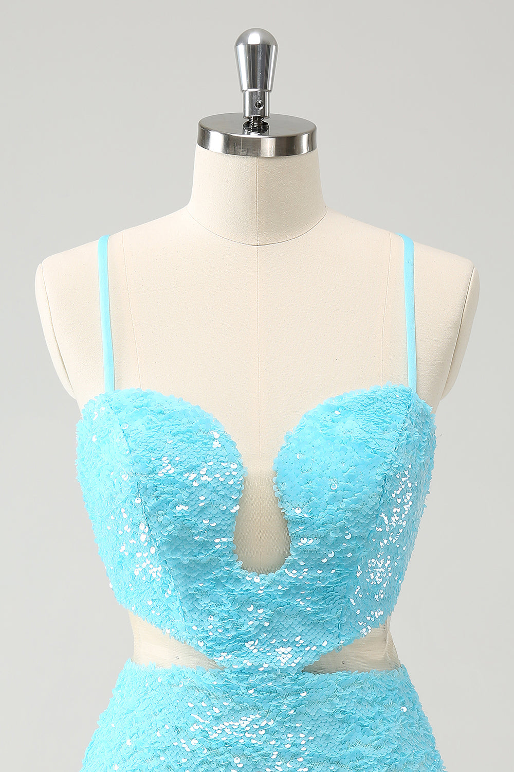 Sparkly Light Blue Spaghetti Straps Sequin Tight Homecoming Dress with Hollow Out