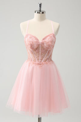 Pink Tulle A-Line Short Homecoming Dress with Beading