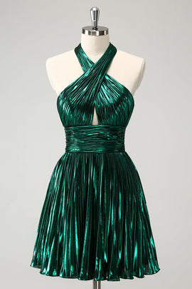 Glitter Dark Green Halter A-Line Pleated Metallic Homecoming Dress