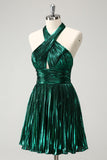 Glitter Dark Green Halter A-Line Pleated Metallic Homecoming Dress