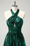 Glitter Dark Green Halter A-Line Pleated Metallic Homecoming Dress