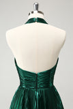 Glitter Dark Green Halter A-Line Pleated Metallic Homecoming Dress