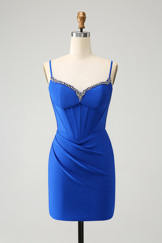 Royal Blue Tight Corset Short Homecoming Dress with Beadings