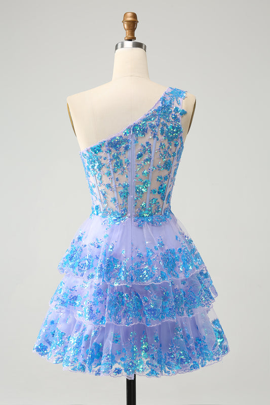 Sparkly One Shoulder Light Blue Corset Short Homecoming Dress