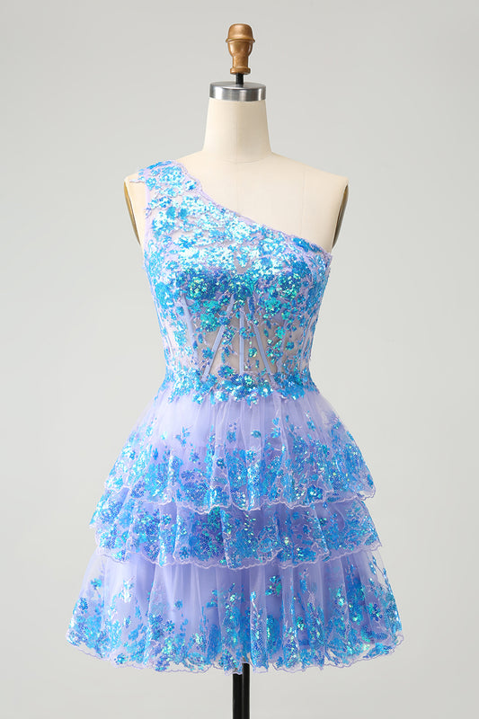 Sparkly One Shoulder Light Blue Corset Short Homecoming Dress