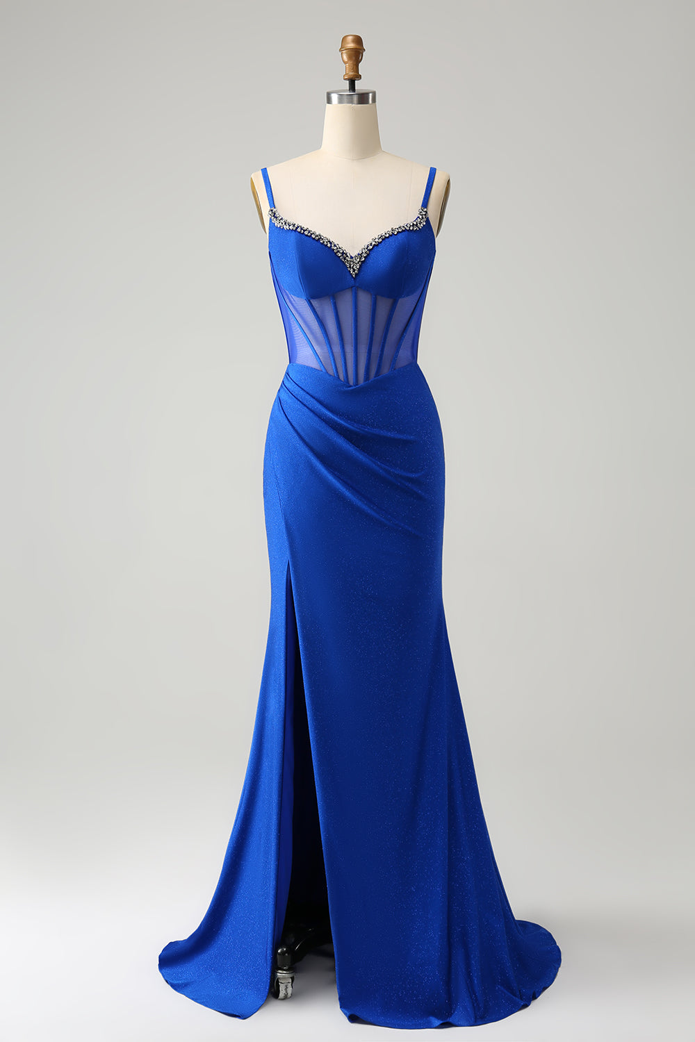 Sparkly Royal Blue Mermaid Beaded Corset Long Prom Dress with Slit