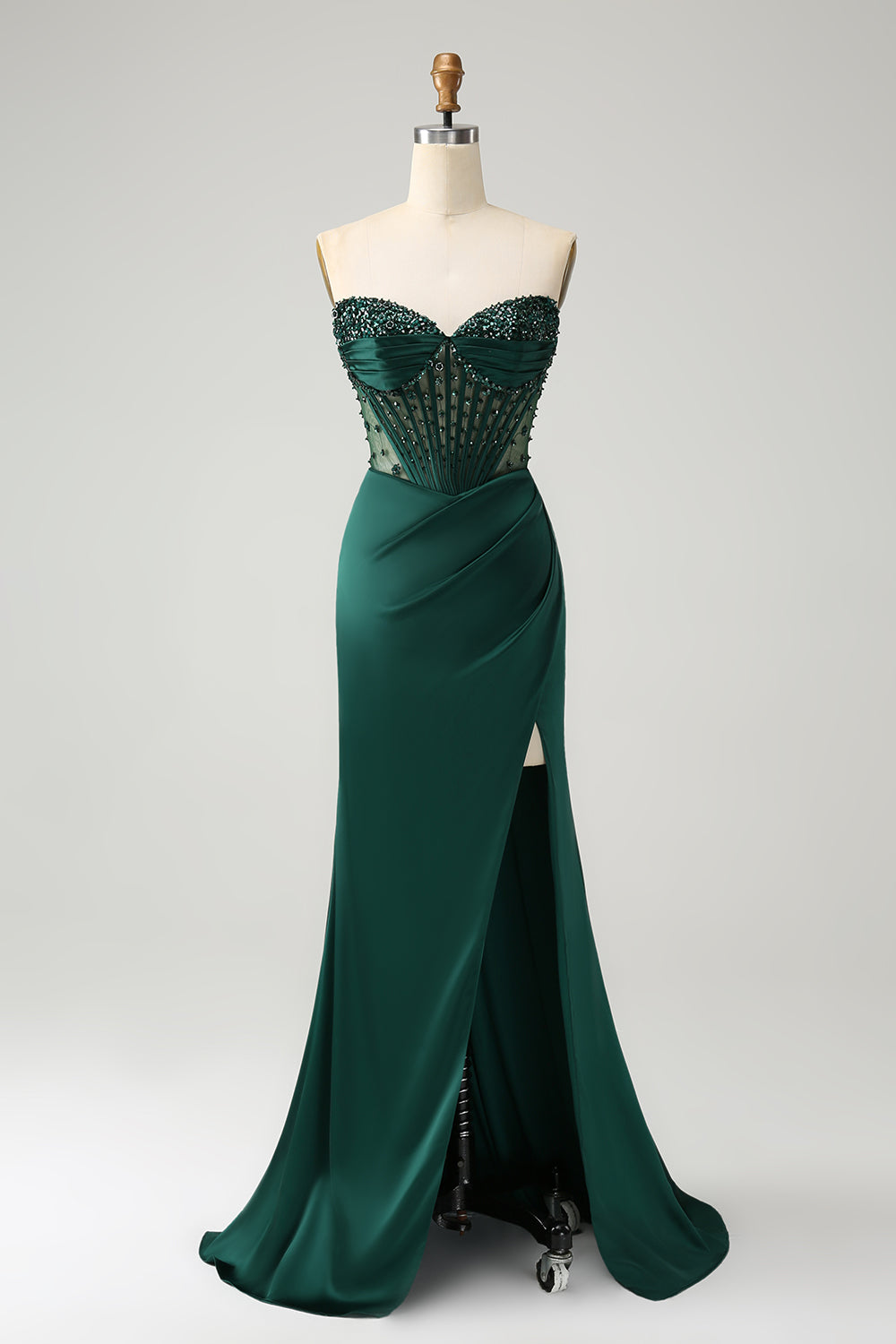 Sparkly Dark Green Corset Beaded Strapless Prom Dress with Slit