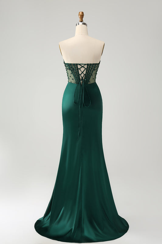 Sparkly Dark Green Corset Beaded Strapless Prom Dress with Slit