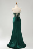 Sparkly Dark Green Corset Beaded Strapless Prom Dress with Slit