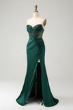 Sparkly Dark Green Corset Beaded Strapless Prom Dress with Slit