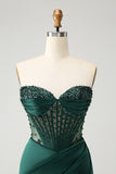 Sparkly Dark Green Corset Beaded Strapless Prom Dress with Slit