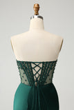 Sparkly Dark Green Corset Beaded Strapless Prom Dress with Slit