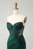 Sparkly Dark Green Corset Beaded Strapless Prom Dress with Slit