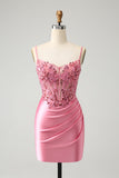 Sparkly Corset Pink Tight Short Homecoming Dress with Beadings