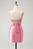 Sparkly Corset Pink Tight Short Homecoming Dress with Beadings